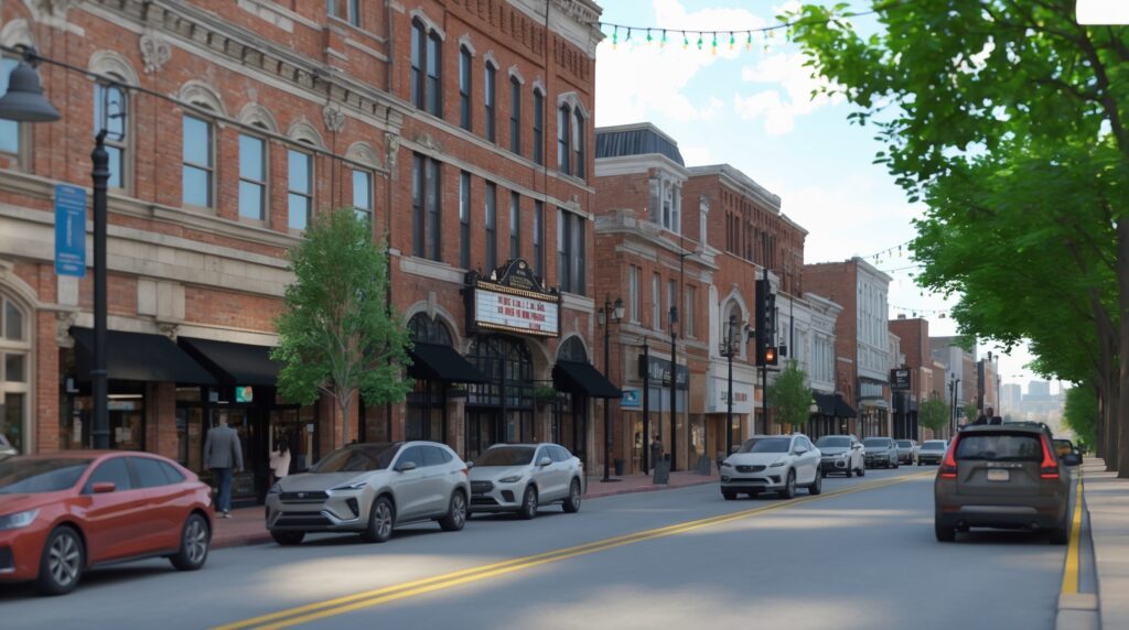 Charming downtown Belleville, Michigan street scene with brick buildings, shops, pedestrians, and lush greenery. Neighborhood Roofing provides Roofing Services in Belleville, MI