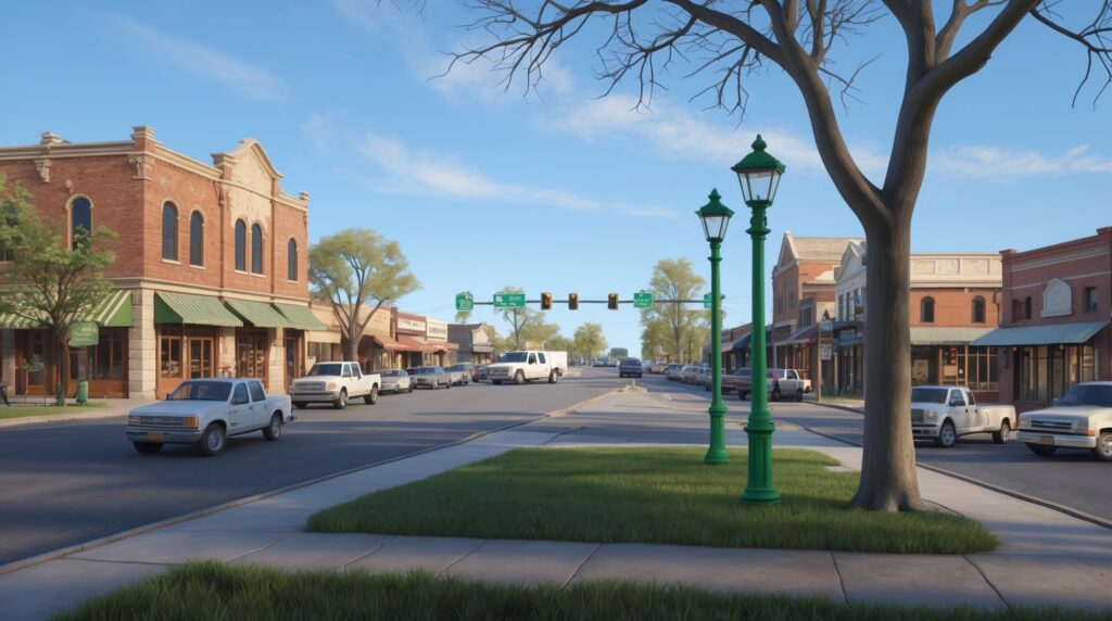 Charming small-town street scene with historic architecture, tree-lined roads, and vibrant community life in Dexter, Michigan. Roofing Services in Dexter, MI
