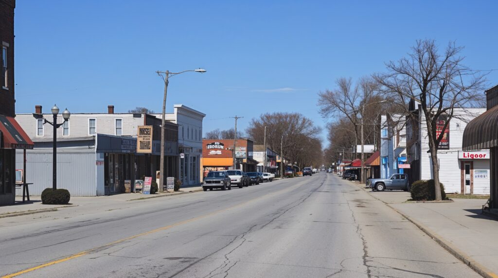 Charming small-town street scene with storefronts, clear blue sky, and tranquil atmosphere in Ida, Michigan. Roofing Services in Ida, MI