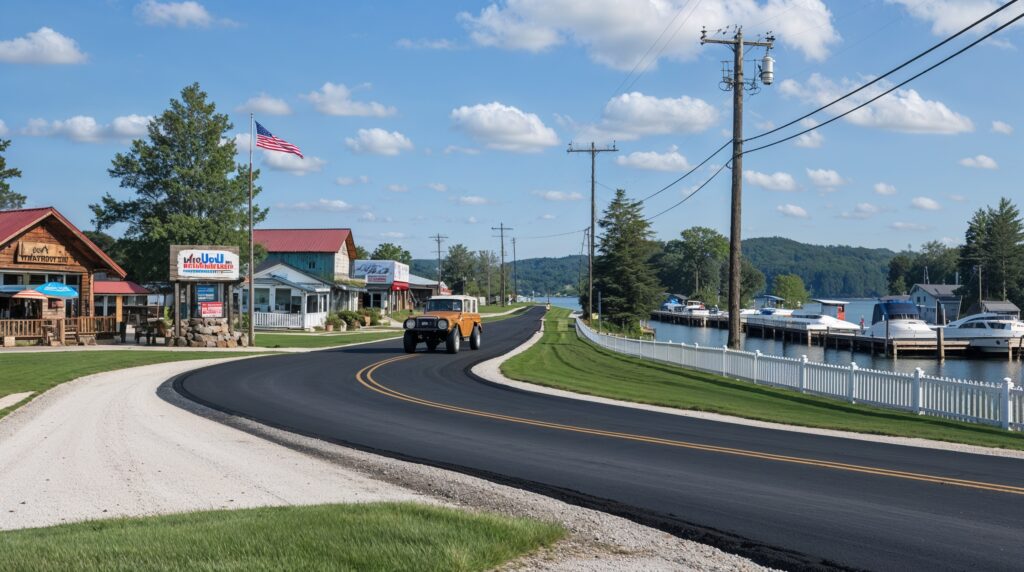 Quaint small-town waterfront with charming buildings, boats, and a vintage vehicle on a scenic road in Whitmore Lake, Michigan. Roofing Services in Whitmore Lake, MI