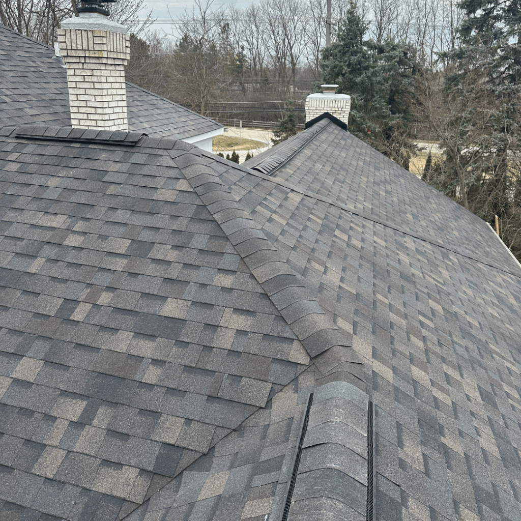 Attractive asphalt shingle roof with chimneys in a serene suburban setting.