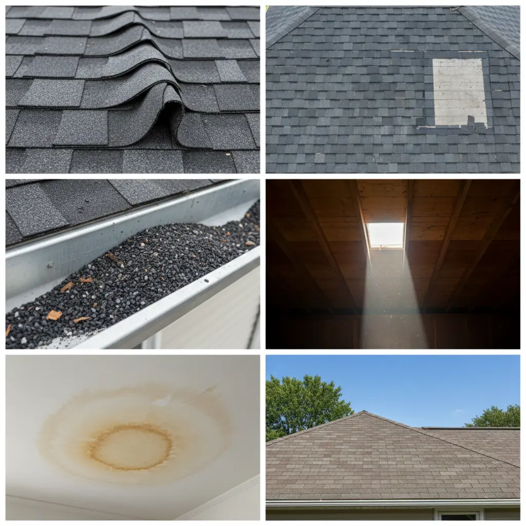Six common roof damage warning signs including curling shingles, missing granules, and water stains in Michigan