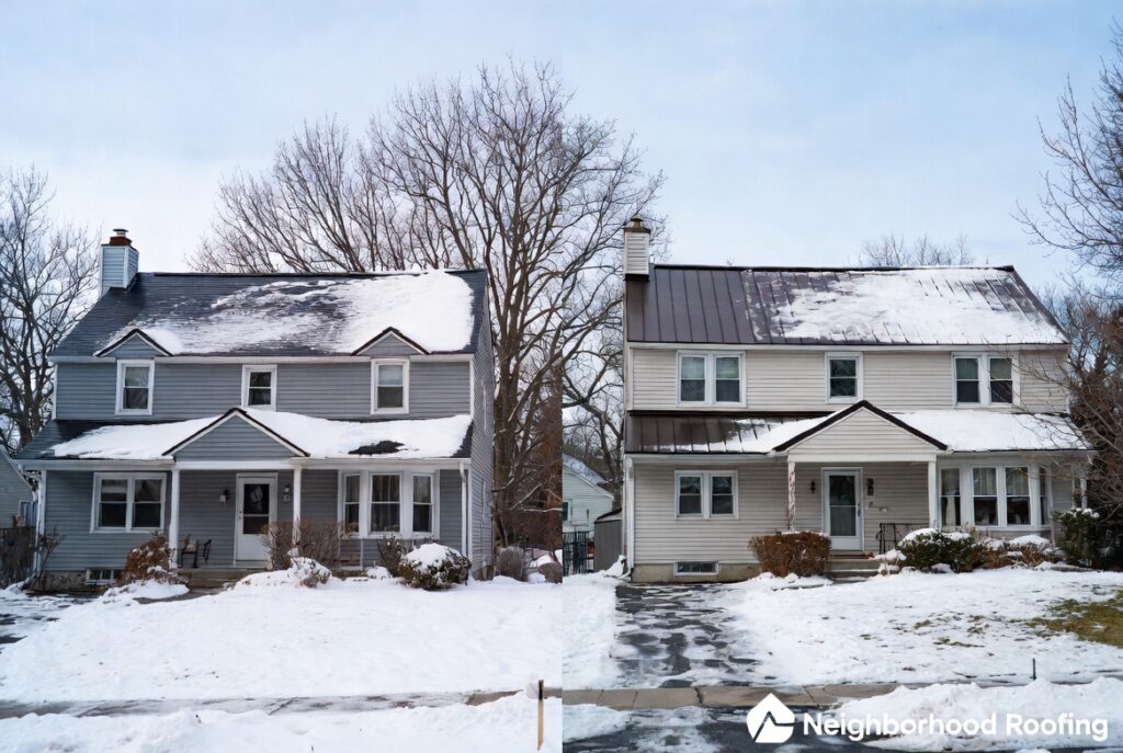Side-by-side winter view of asphalt shingle roof vs metal roof on similar Ann Arbor Michigan homes showing snow and ice performance
