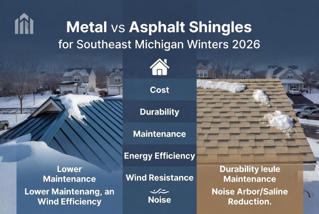 Infographic comparing metal roofing vs asphalt shingles for Michigan winters showing cost, durability, maintenance, and performance in snow and ice for Ann Arbor and Saline homes