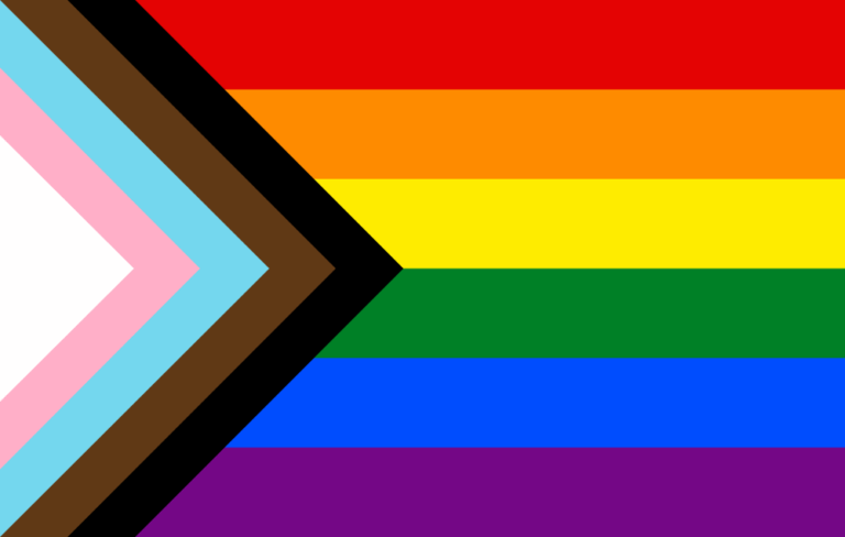 Progress Pride flag by Neighborhood Roofing celebrating LGBTQ+ inclusion.