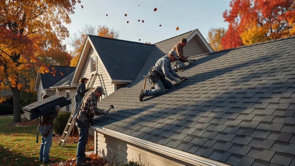 A crew installs dark gray Duration Platinum shingles on a suburban Michigan home under a crisp fall sky.