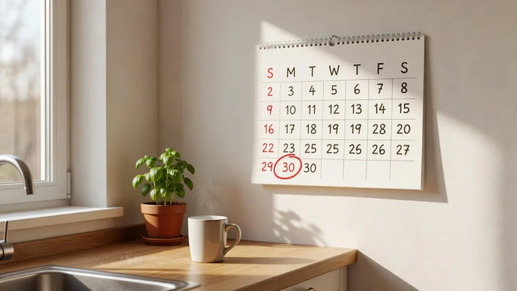 Calendar on a kitchen wall with September 30 circled in red marker