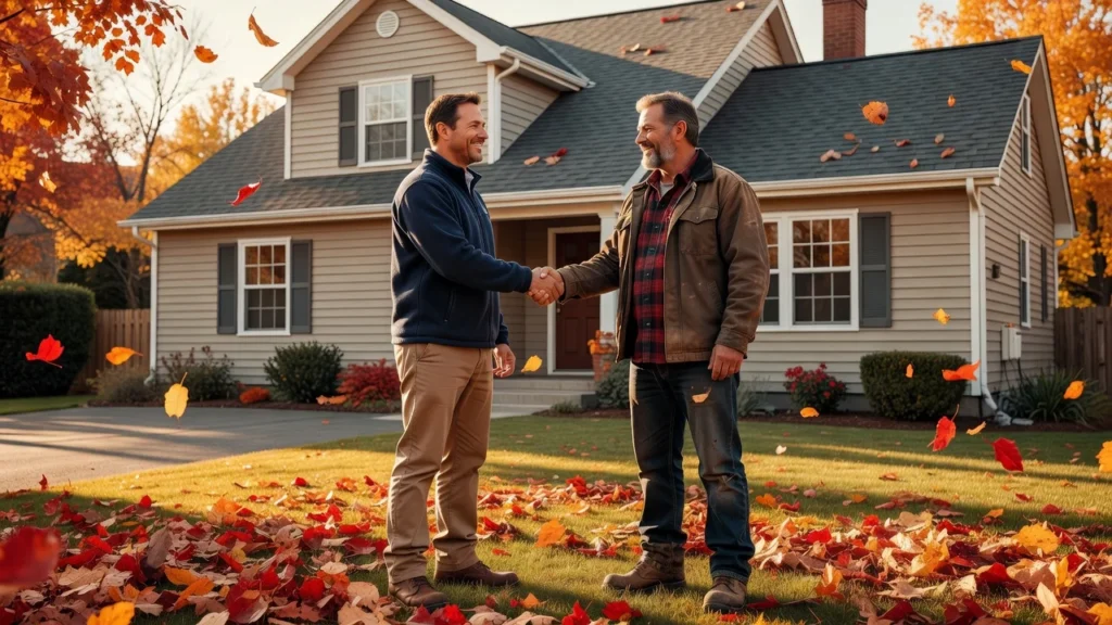 Homeowner and roofer shaking hands in front of a house with fall leaves scattered on the lawn
